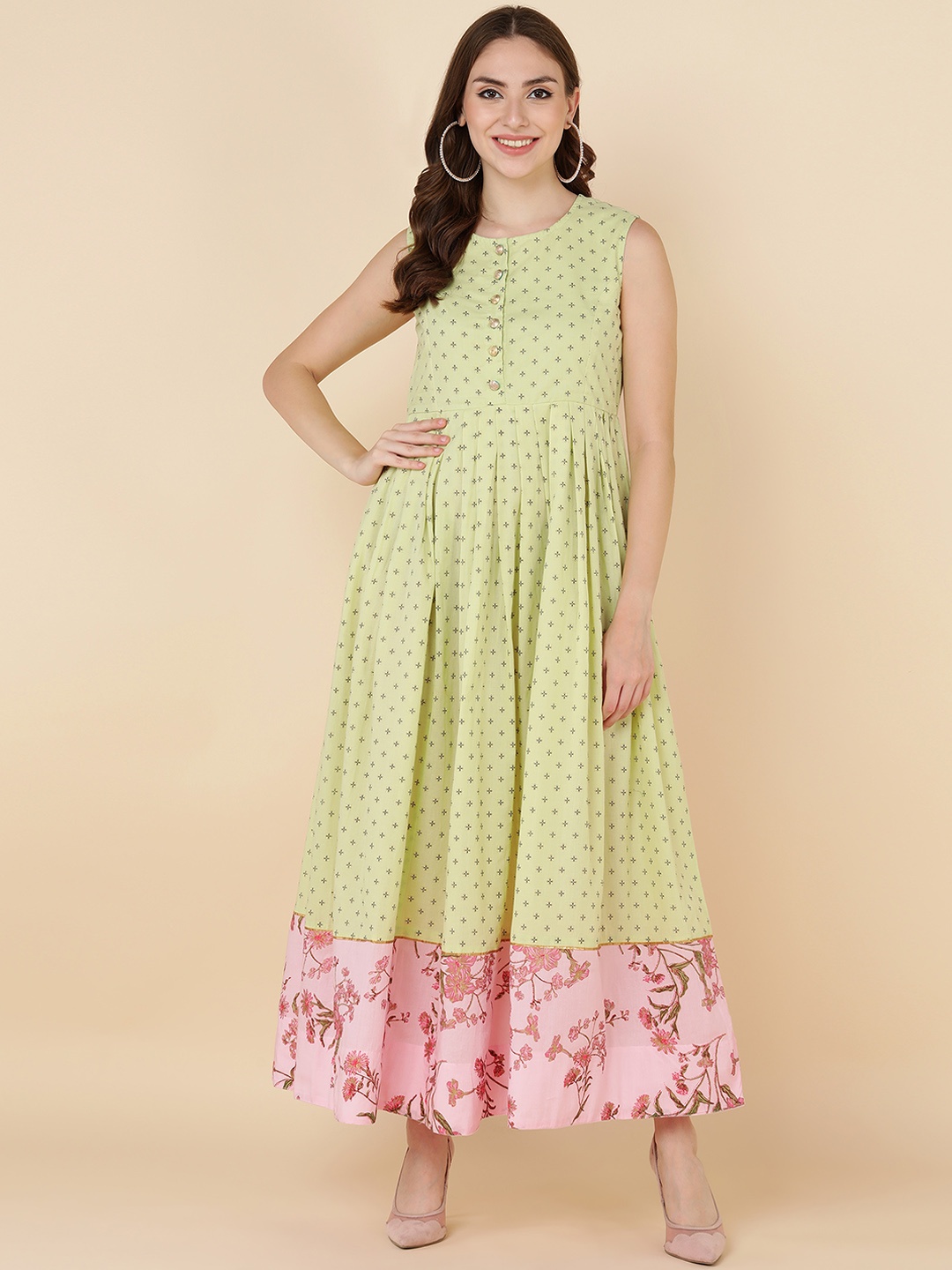 

MAAND Green & Pink Ethnic Motifs Ethnic Midi Dress With Short Jacket