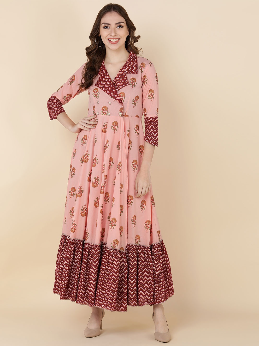 

MAAND Pink & Maroon Floral Ethnic Maxi Dress