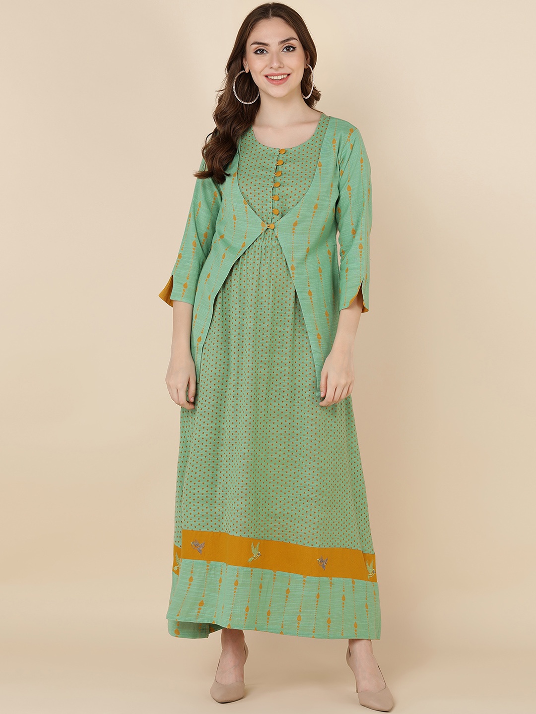 

MAAND Green & Yellow A-Line Maxi Dress