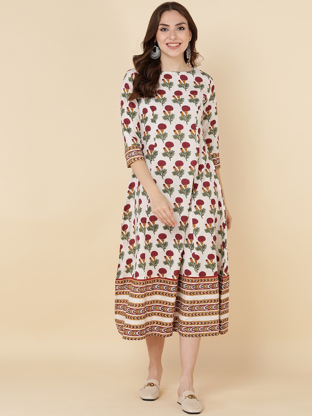 

MAAND White & Red Floral Printed A-Line Midi Dress
