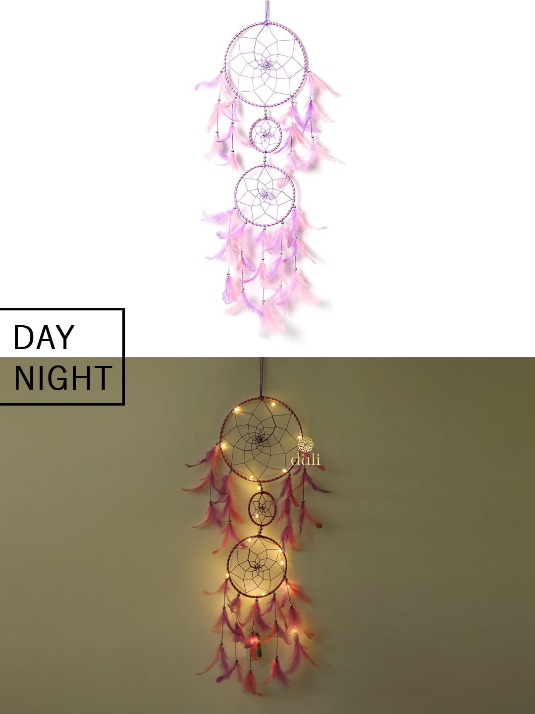 

DULI Pink & Purple Hanging Dream Catcher With 3 Rings & Lights