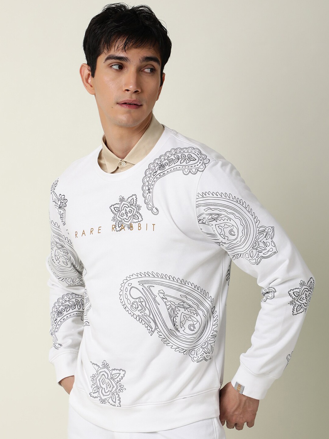 

RARE RABBIT Men Arley Slim Fit Printed Sweatshirt, White