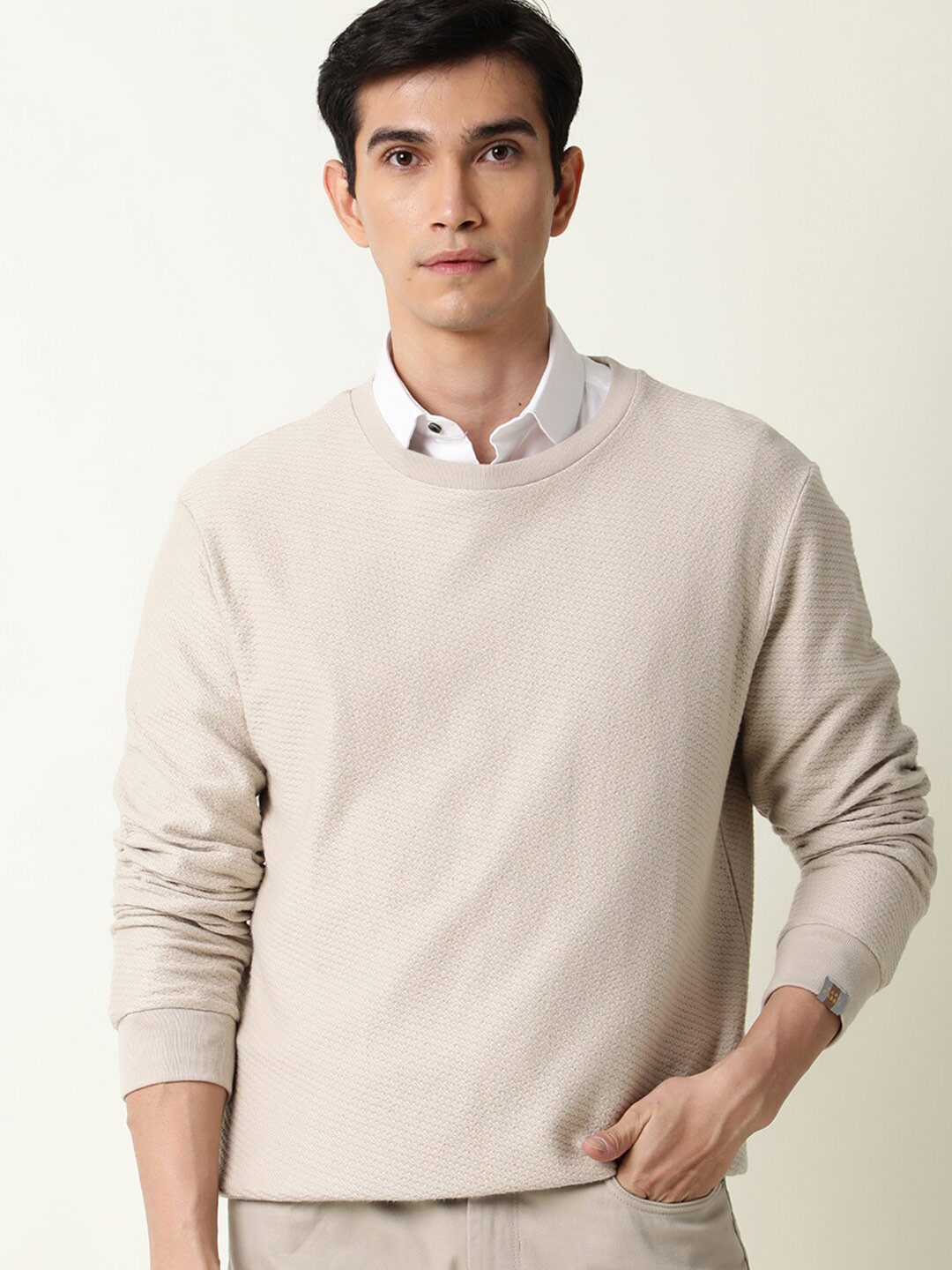 

RARE RABBIT Men Earl Slim Fit Round Neck Sweatshirt, Beige