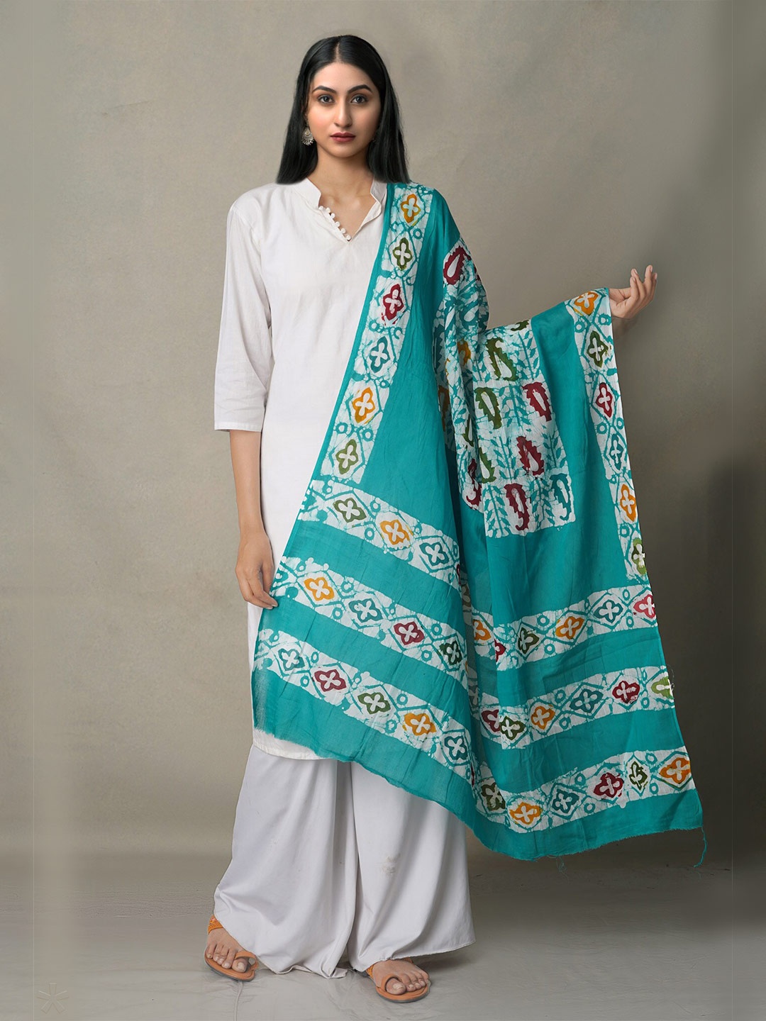 

Unnati Silks Blue & White Ethnic Motifs Printed Pure Cotton Batik Dupatta