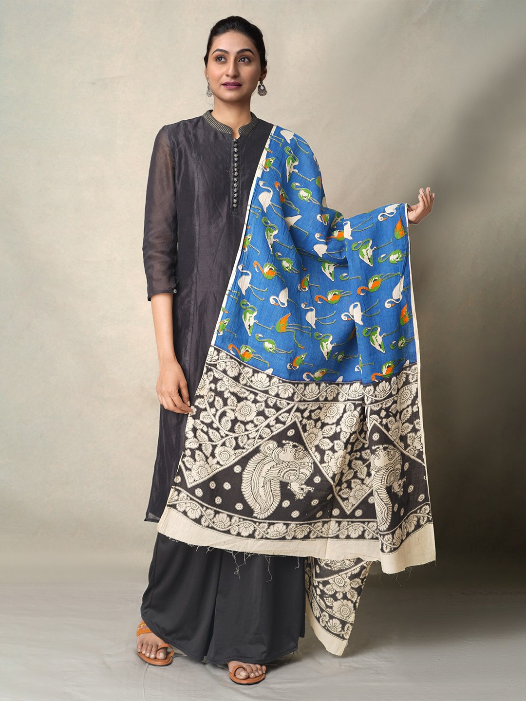 

Unnati Silks Blue & Green Ethnic Motifs Printed Pure Cotton Kalamkari Dupatta