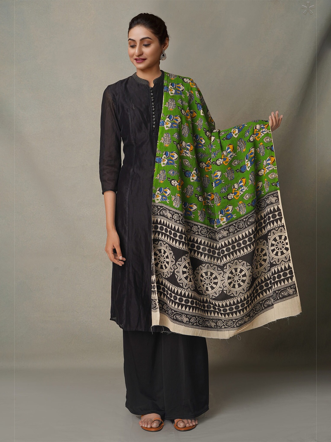 

Unnati Silks Green & Blue Ethnic Motifs Printed Pure Cotton Kalamkari Dupatta