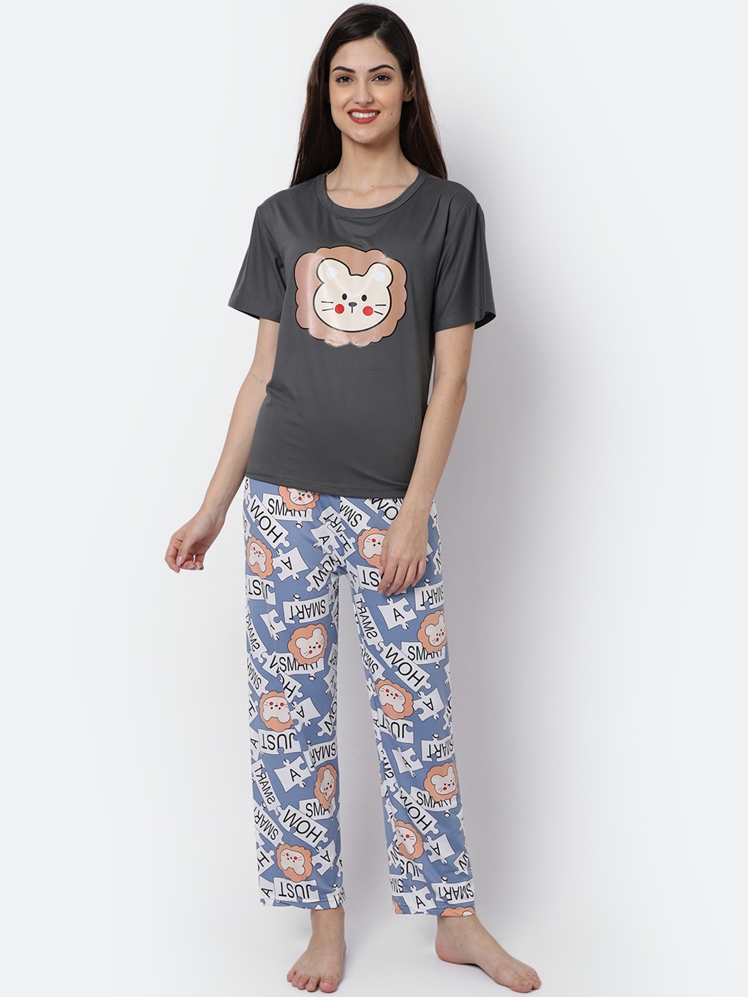 

GRACIT Women Grey & Blue Printed Night suit