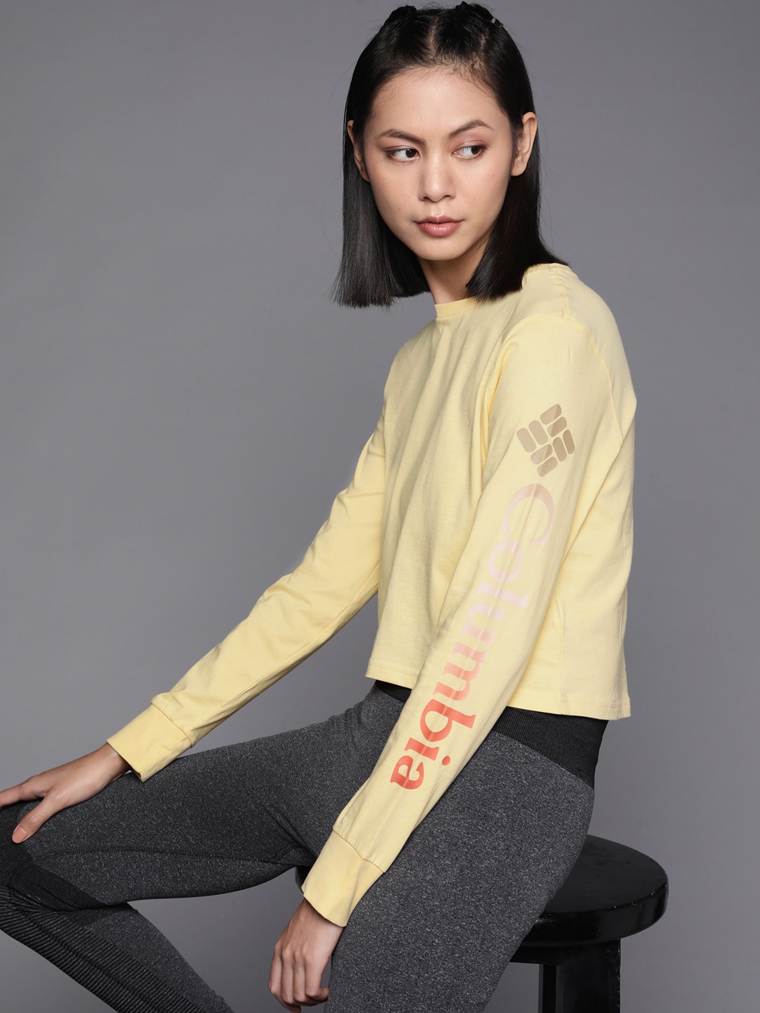 

Columbia Women Yellow Brand Logo Printed North Cascades Pure Cotton T-shirt