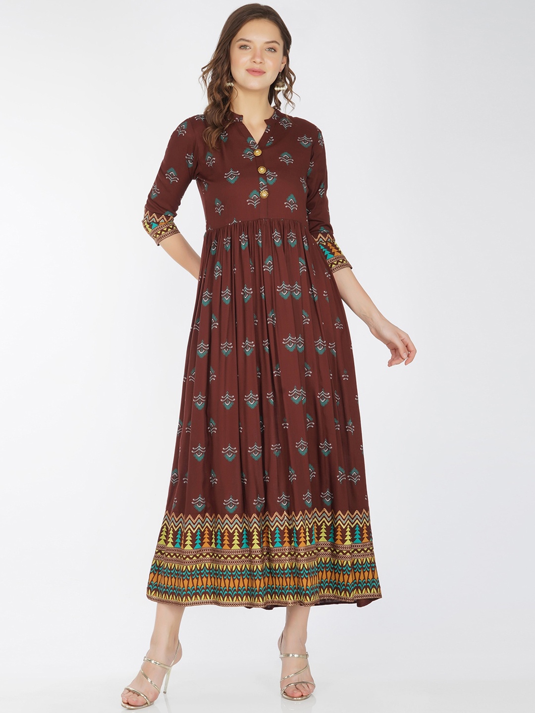 

METRO-FASHION Women Brown & Blue Geometric Printed Floral Anarkali Kurta
