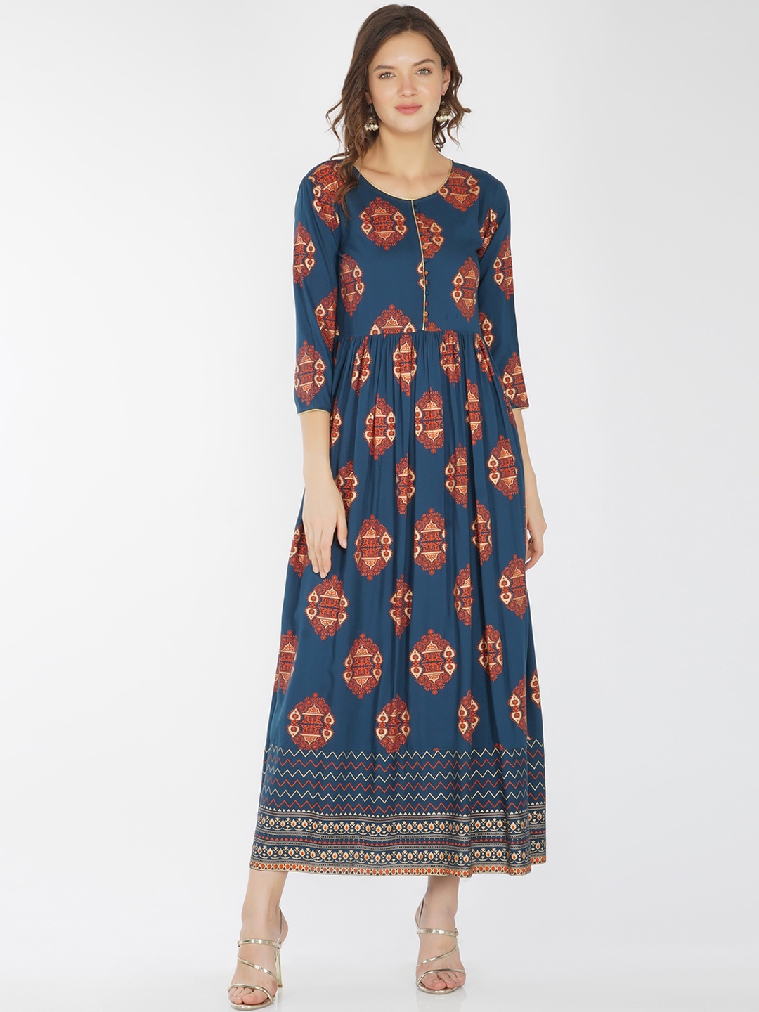 

METRO-FASHION Women Teal & Red Ethnic Motifs Printed Floral Anarkali Kurta