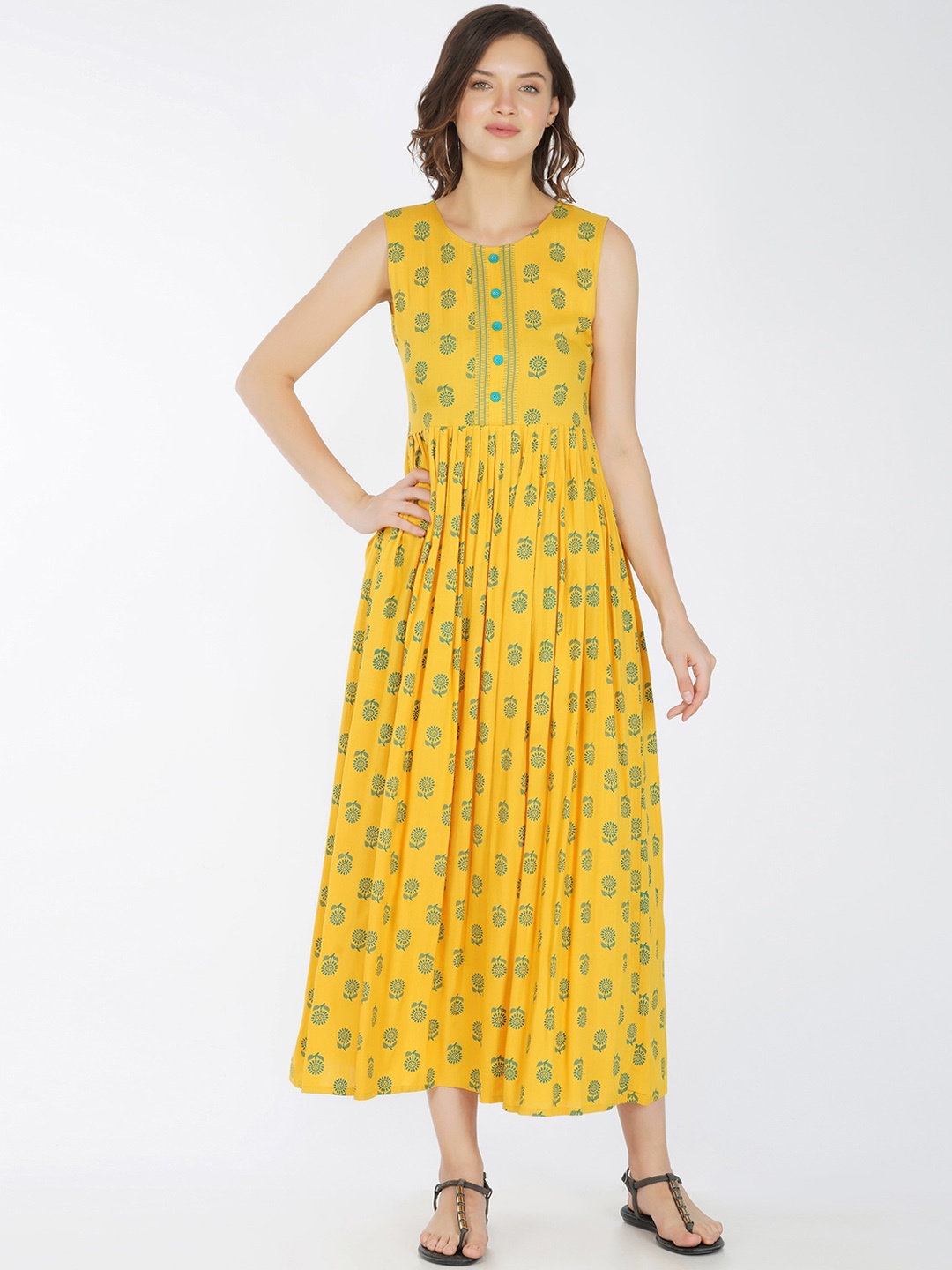 

METRO-FASHION Women Yellow & Green Floral Printed Floral Anarkali Kurta