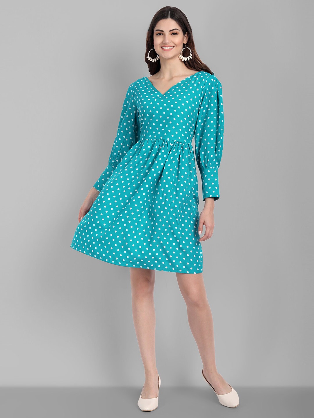 

SINGNI Turquoise Blue Polka Dots Printed Crepe Fit and Flare Dress