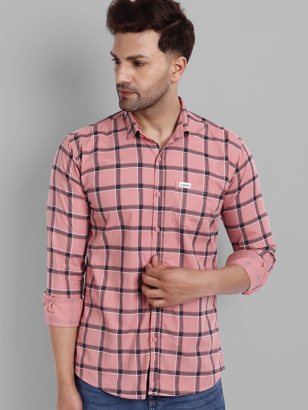 

Majestic Man Men Pink Slim Fit Windowpane Checked Cotton Casual Shirt