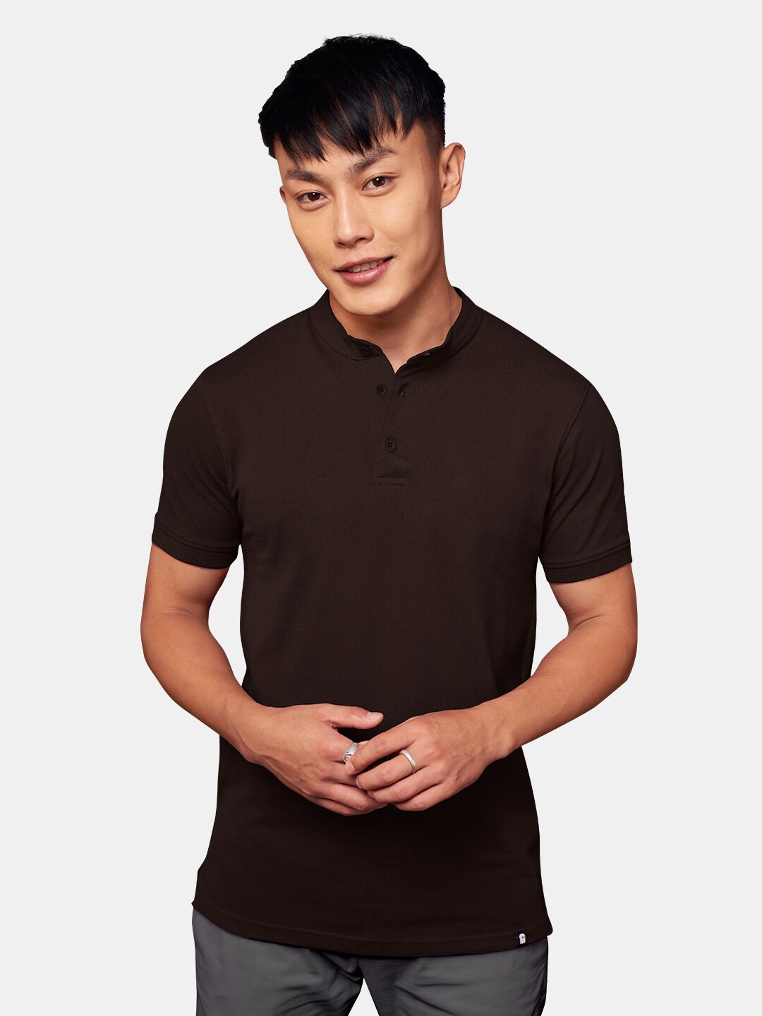

The Souled Store Men Coffee Brown Henley Neck T-shirt