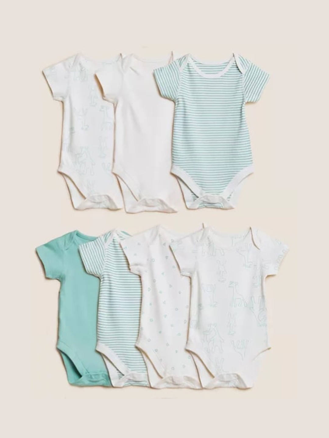 

Marks & Spencer Kids Green And White Printed Pack of 7 Printed Cotton Bodysuits