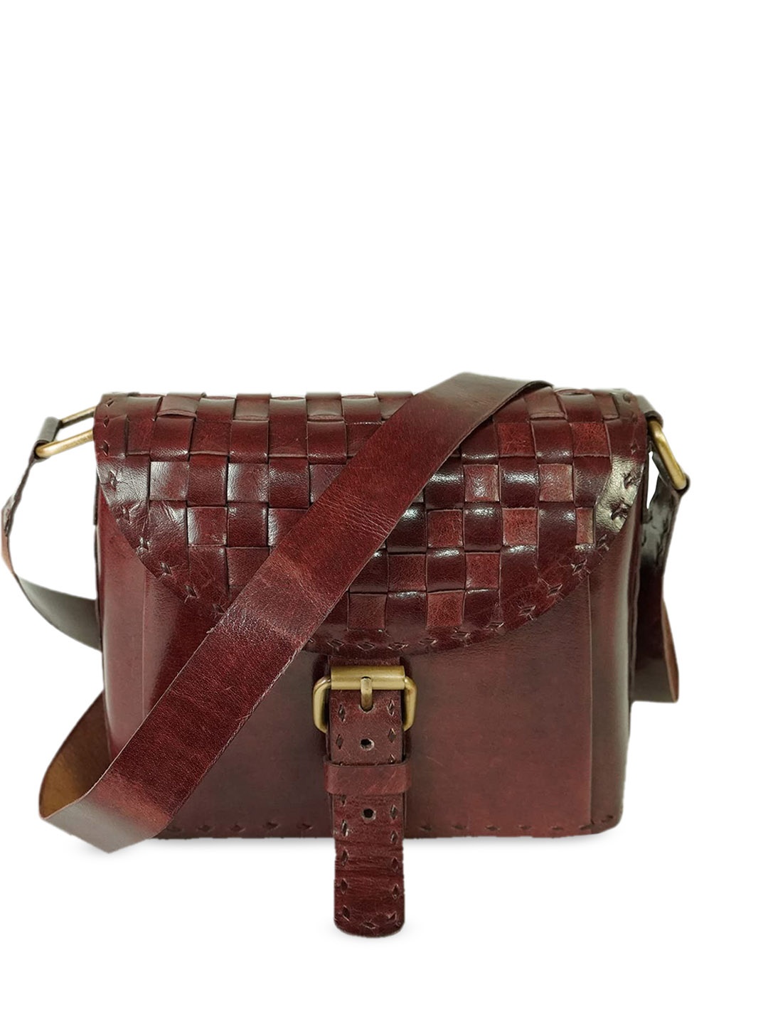 

Goatter Red Leather Structured Sling Bag With Cut Work