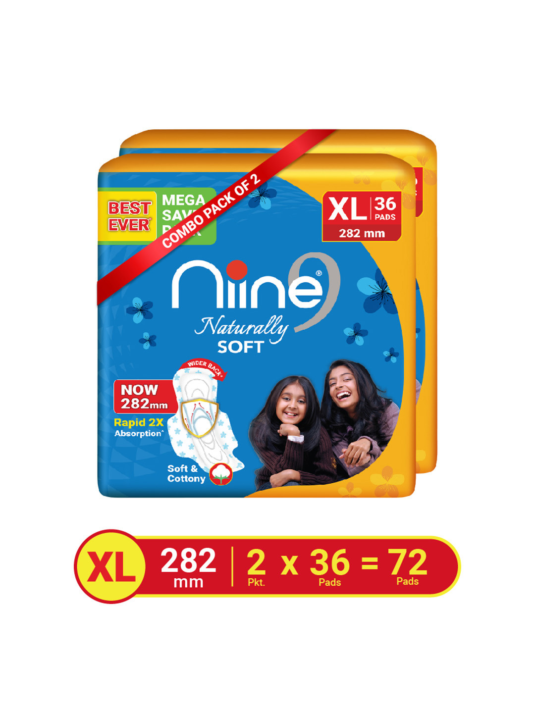 

Niine Set of 2 Naturally Soft Anti Leak Flow Channel XL 282mm Sanitary Pads - 36 Pads Each, Blue