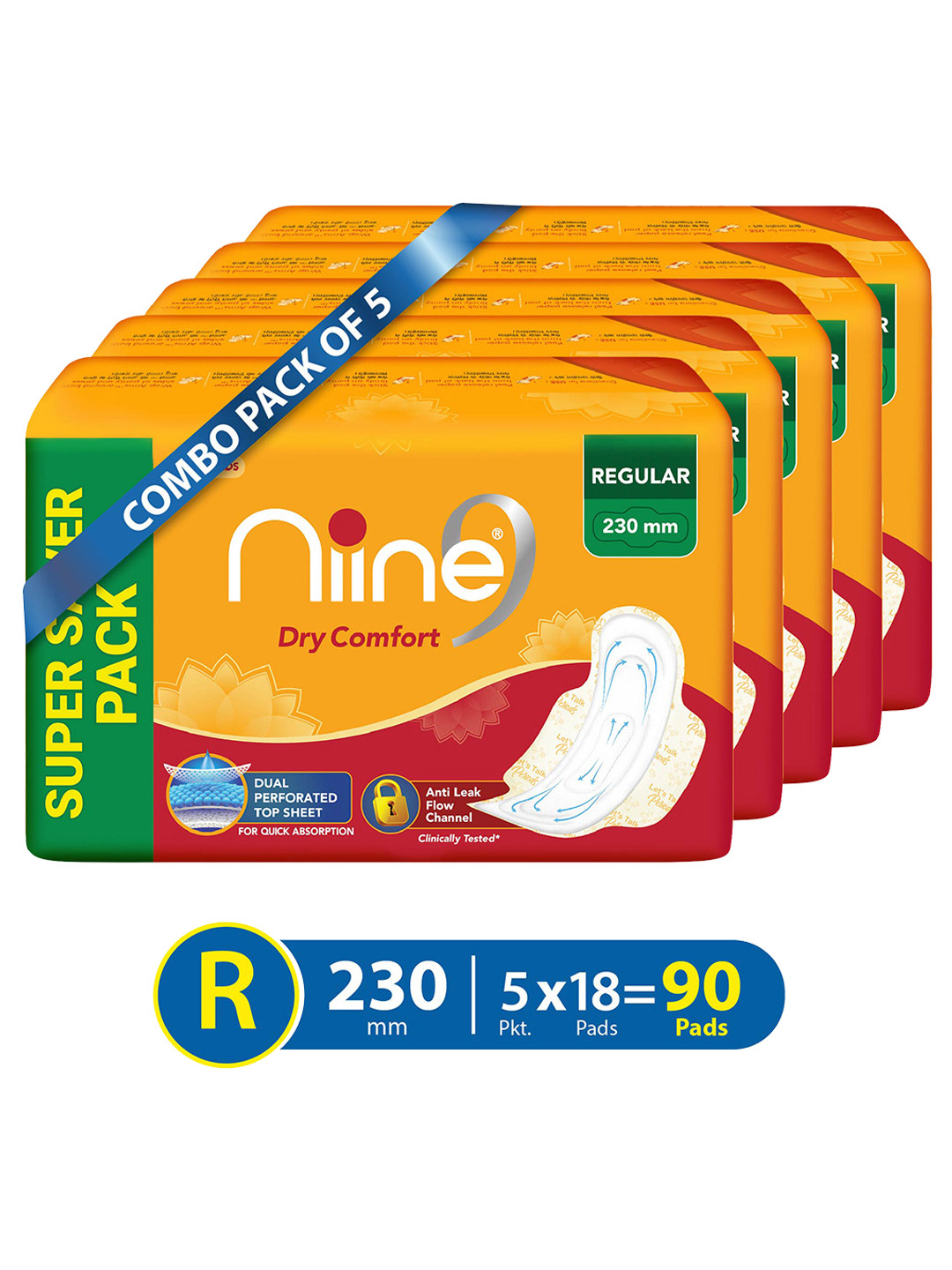 

Niine Set of 5 Dry Comfort Anti Leak Flow Channel Regular Sanitary Pads - 18 Pads Each, Orange