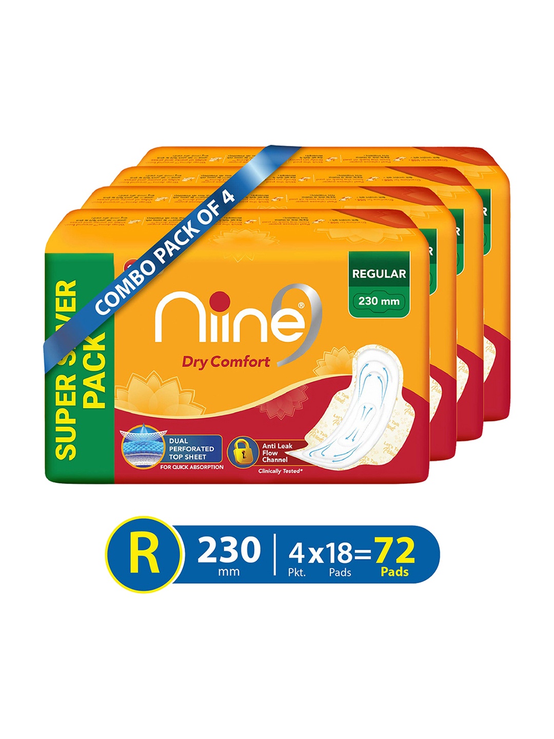 

Niine Set of 4 Dry Comfort Anti-Leak Flow Channel Regular Sanitary Pads - 18 Pads Each, Mustard