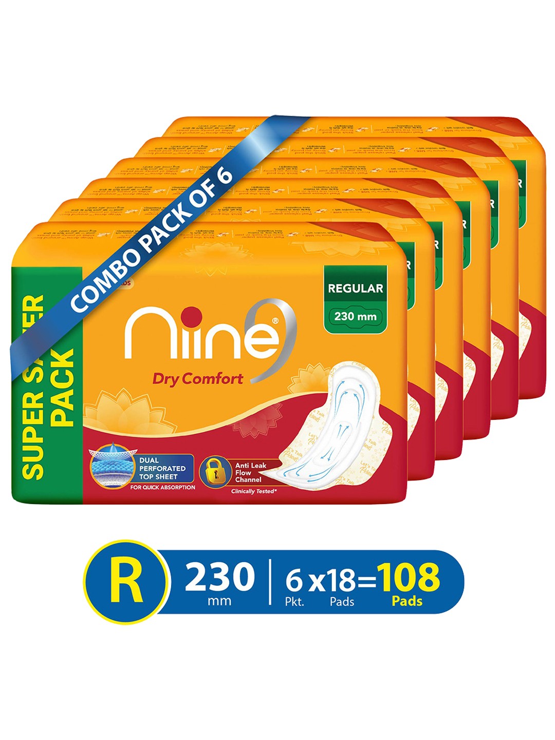 

Niine Set of 6 Dry Comfort Anti Leak Flow Channel Regular Sanitary Pads - 18 Pads Each, Mustard