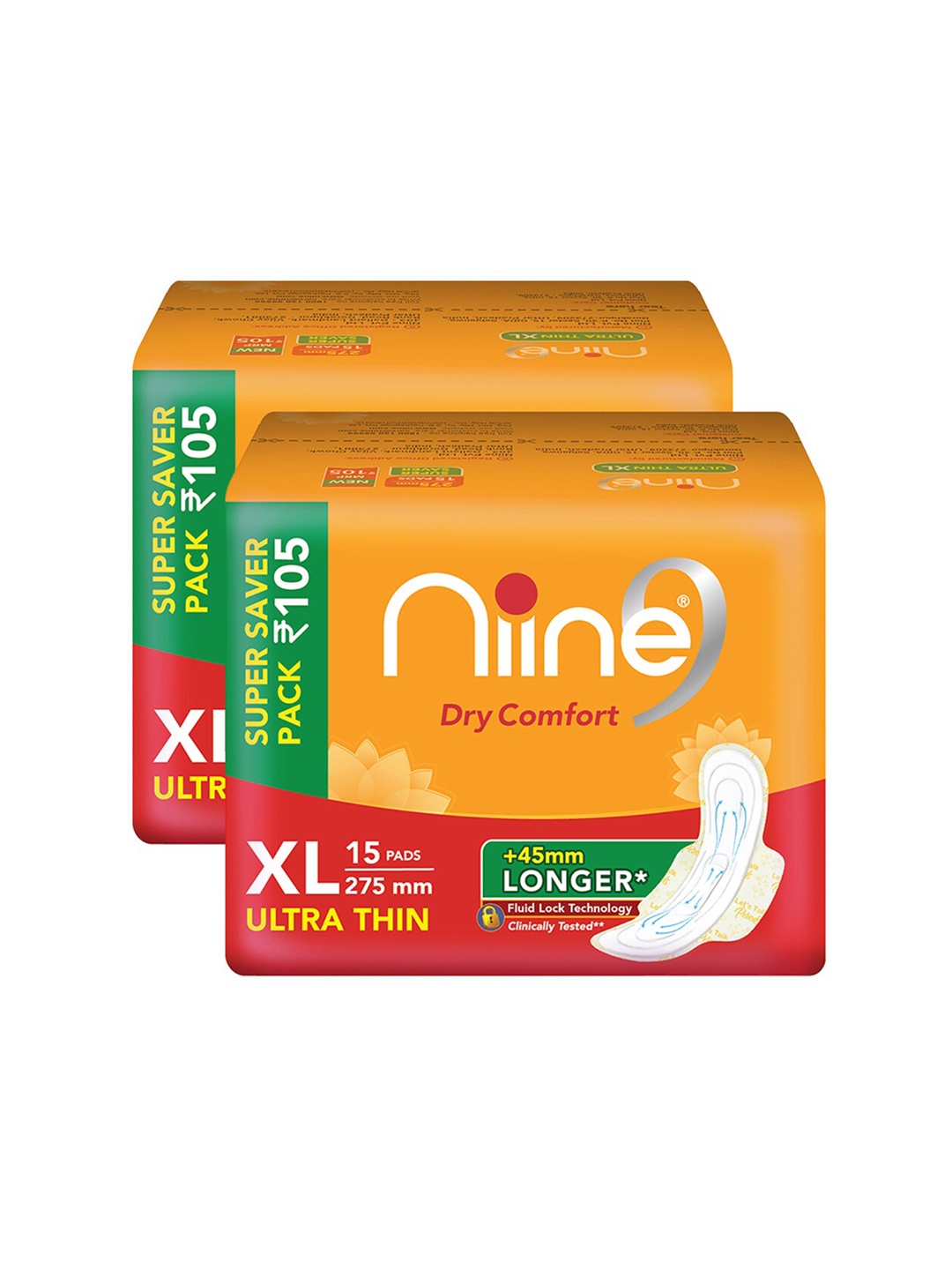 

Niine Set of 2 Dry Comfort Ultra Thin XL Sanitary Pads with Fluid Lock Gel - 15 Pads each, Mustard