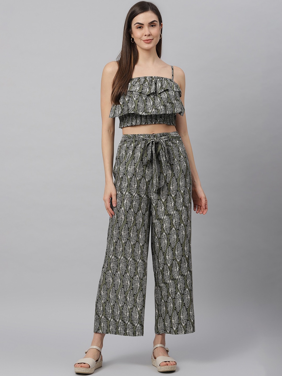 

JUNE & HARRY Women Olive Green Printed Two-Piece Co-ords