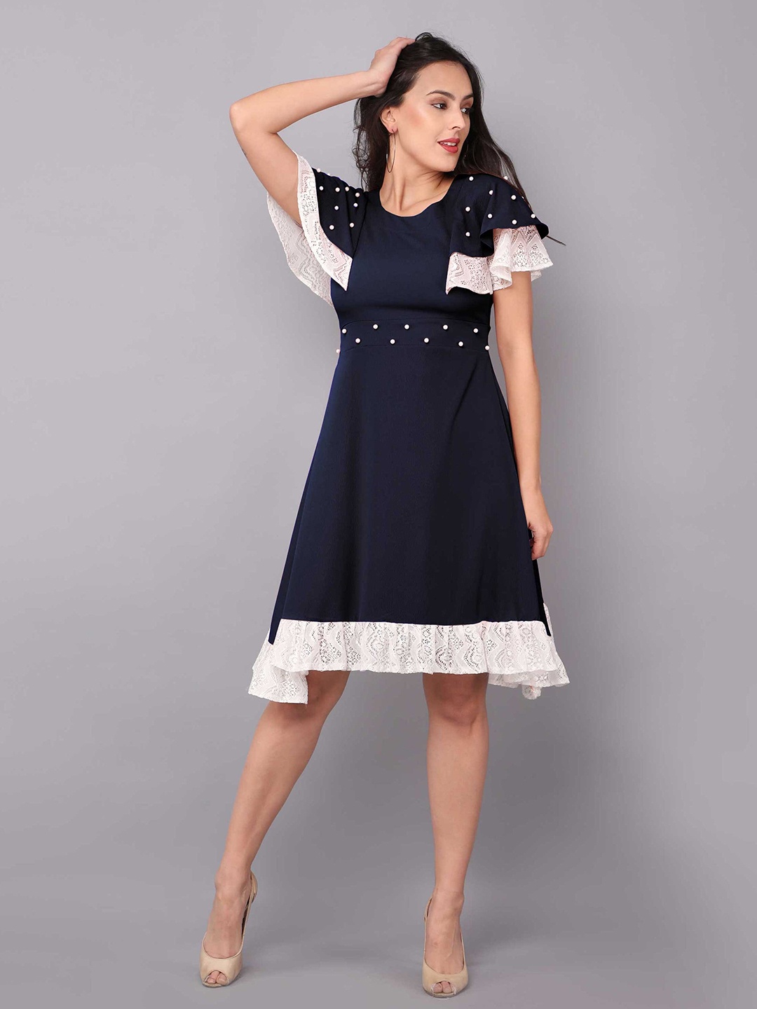 

Fashion Ritmo Women Blue Embellished Cotton Flutter Sleeves Fit & Flare Dress