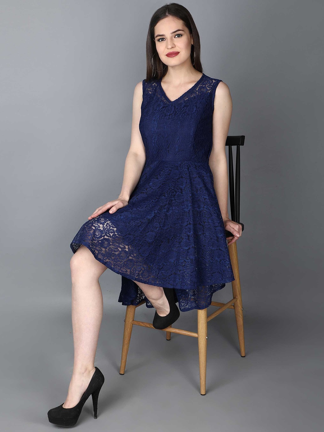 

Fashion Ritmo Women Blue Self Design Georgette Fit & Flare Dress