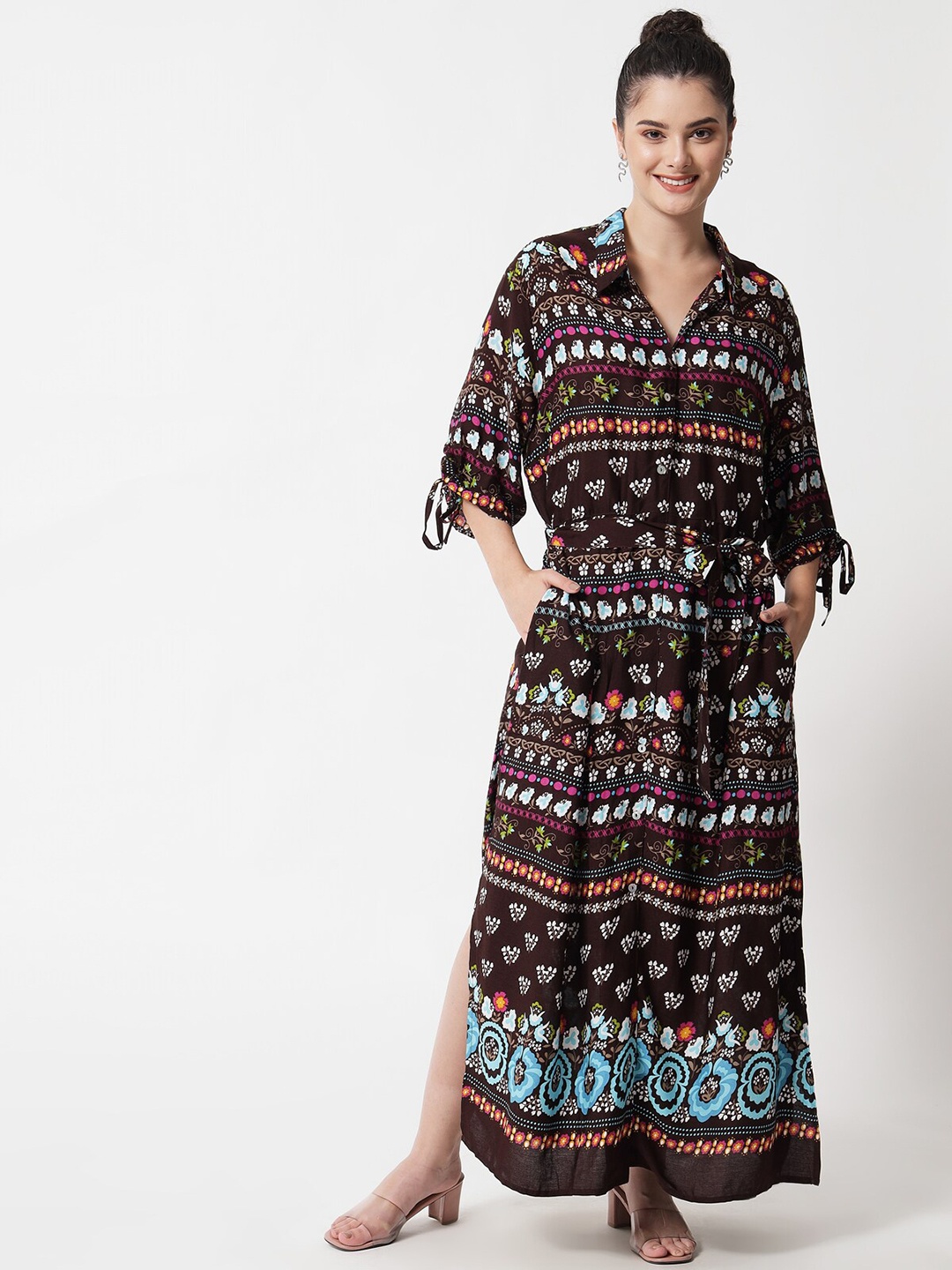 

MAXENCE Brown & Blue Floral Printed Maxi Dress