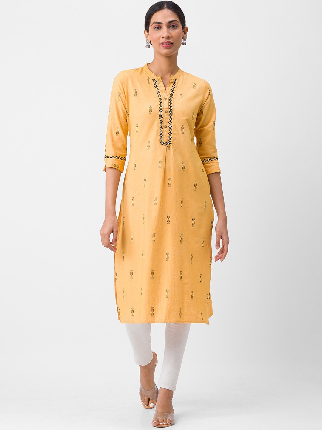 

Globus Women Yellow Ethnic Motifs Embroidered Thread Work Kurta