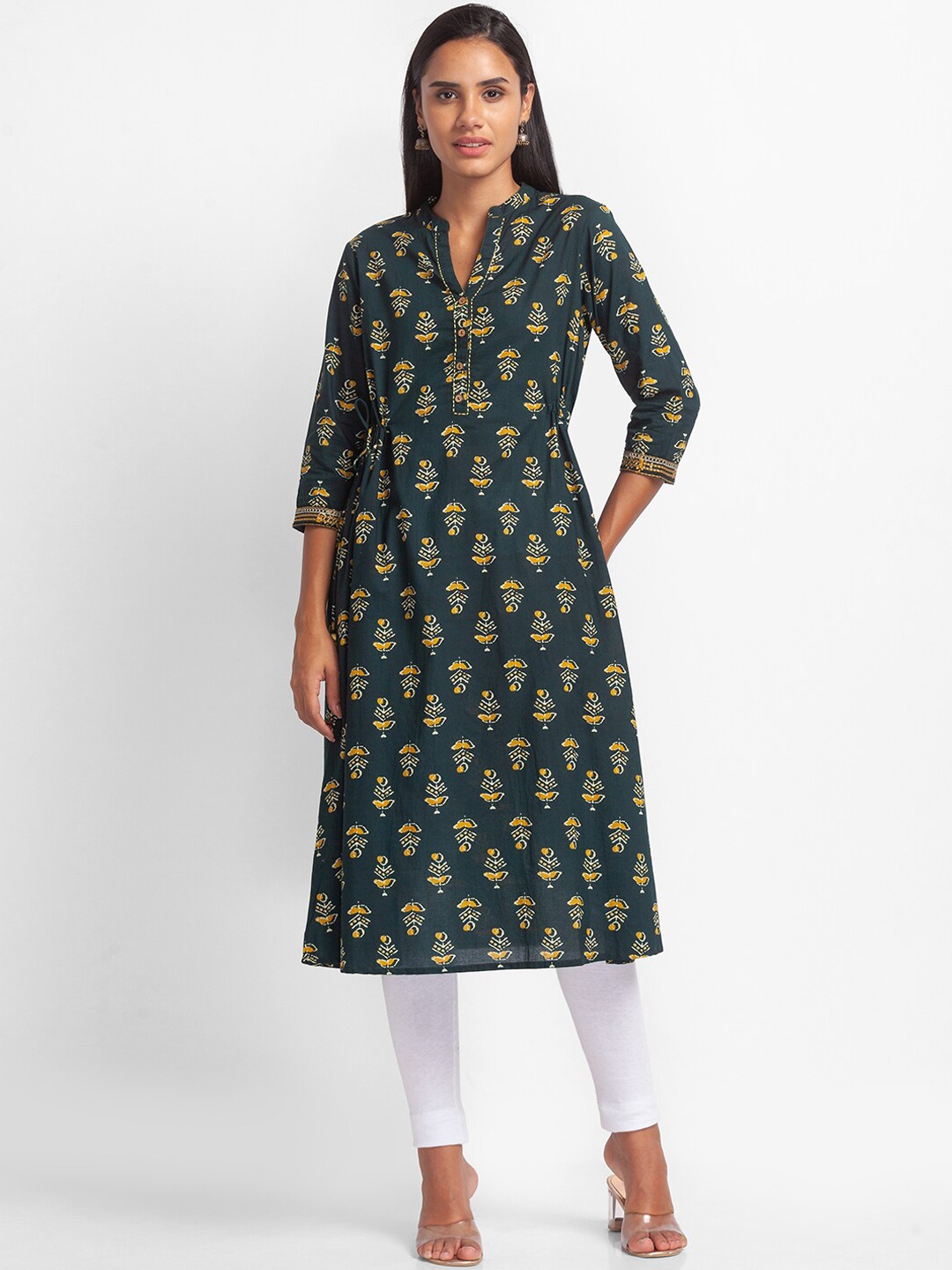 

Globus Women Green & Yellow Ethnic Motifs Printed Mandarin Collar Kurta