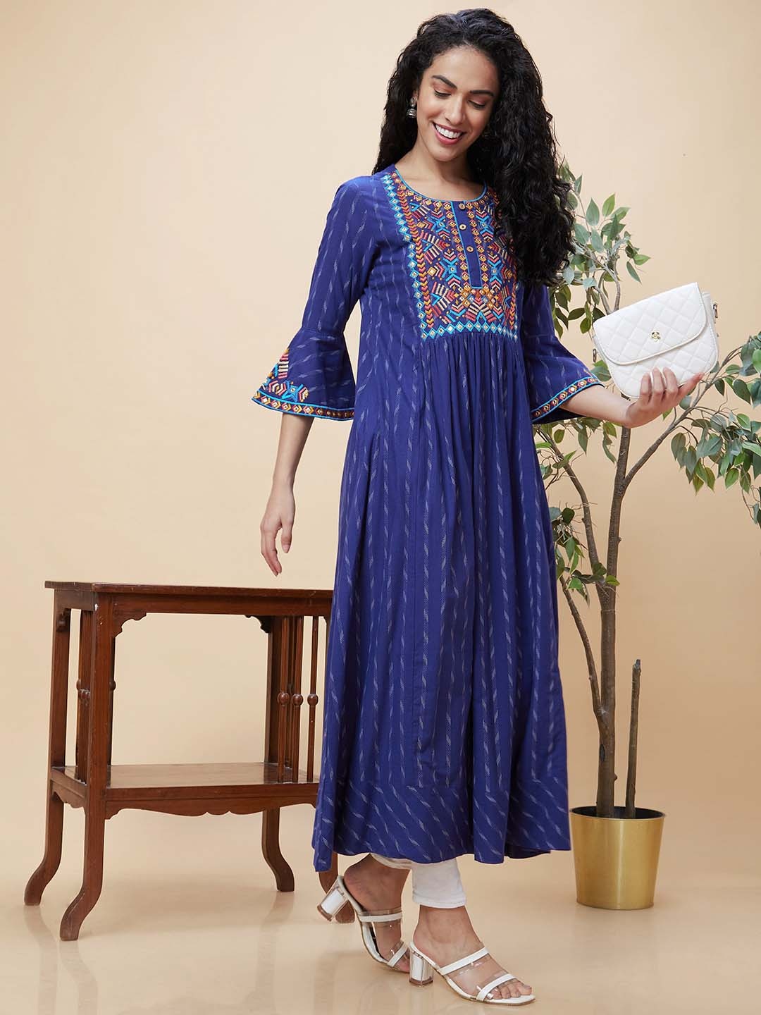 

Globus Mirror Detail Yoke Design Bell Sleeves Fusion Kurta, Blue