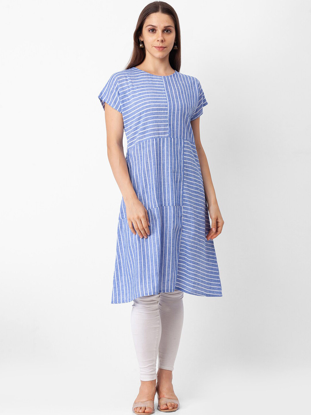 

Globus Women Blue & White Striped Extended Sleeves Thread Work Kurta