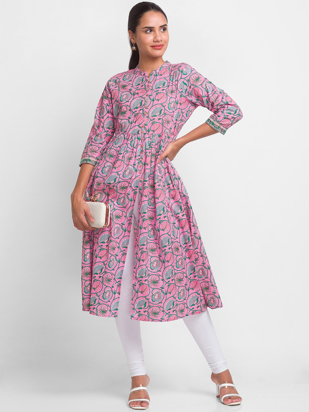 

Globus Women Pink Floral Printed Mirror Work Anarkali Kurta