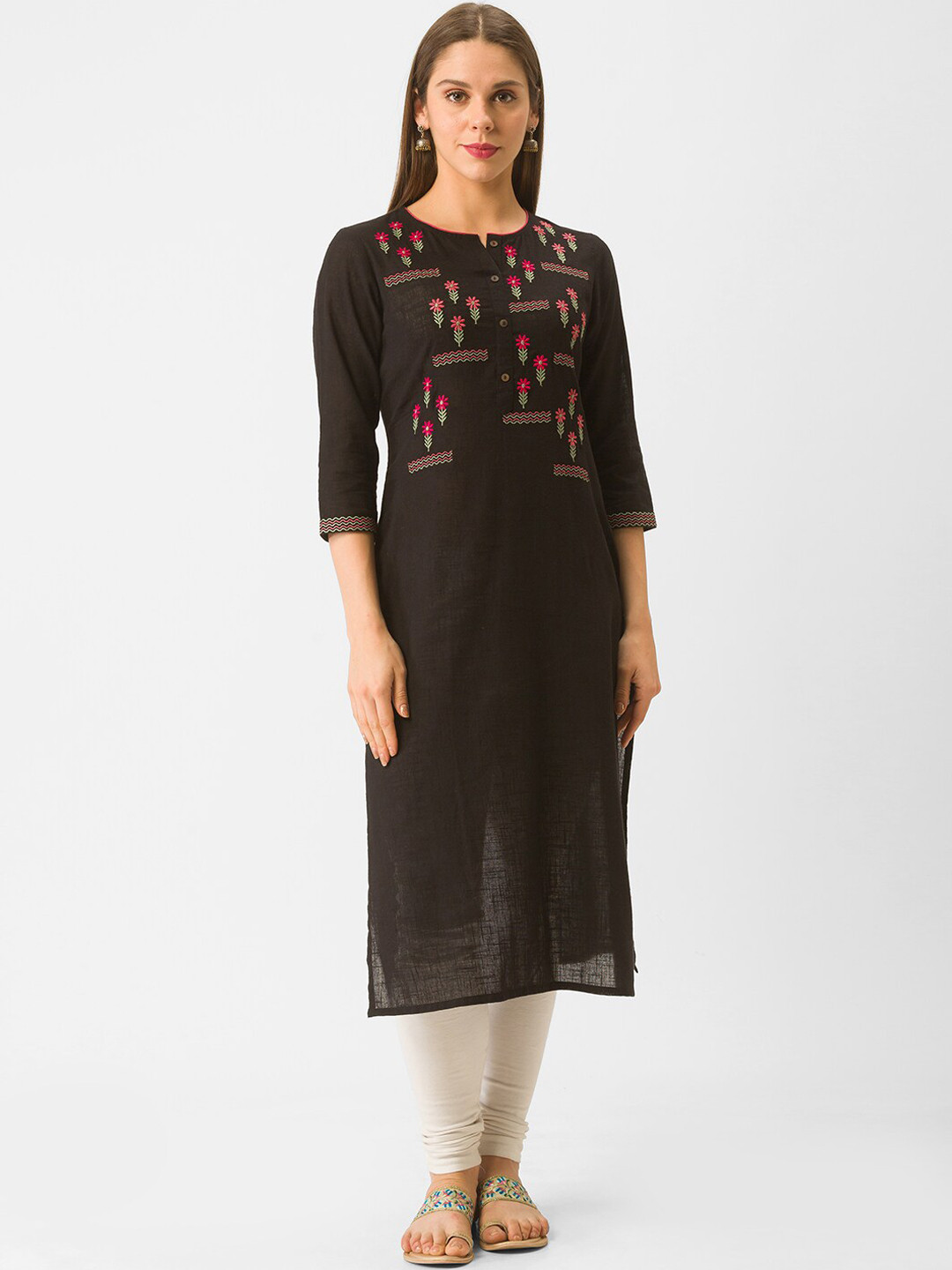 

Globus Women Black Quirky Yoke Design Thread Work Khadi Kurta