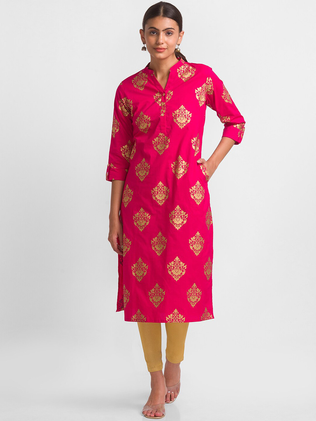 

Globus Women's Fuchsia Ethnic Motifs Printed Thread Work Kurta
