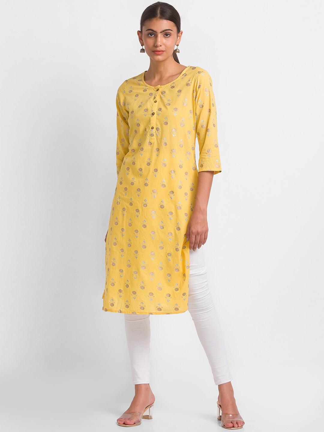 

Globus Women's Yellow Geometric Printed Thread Work Kurta