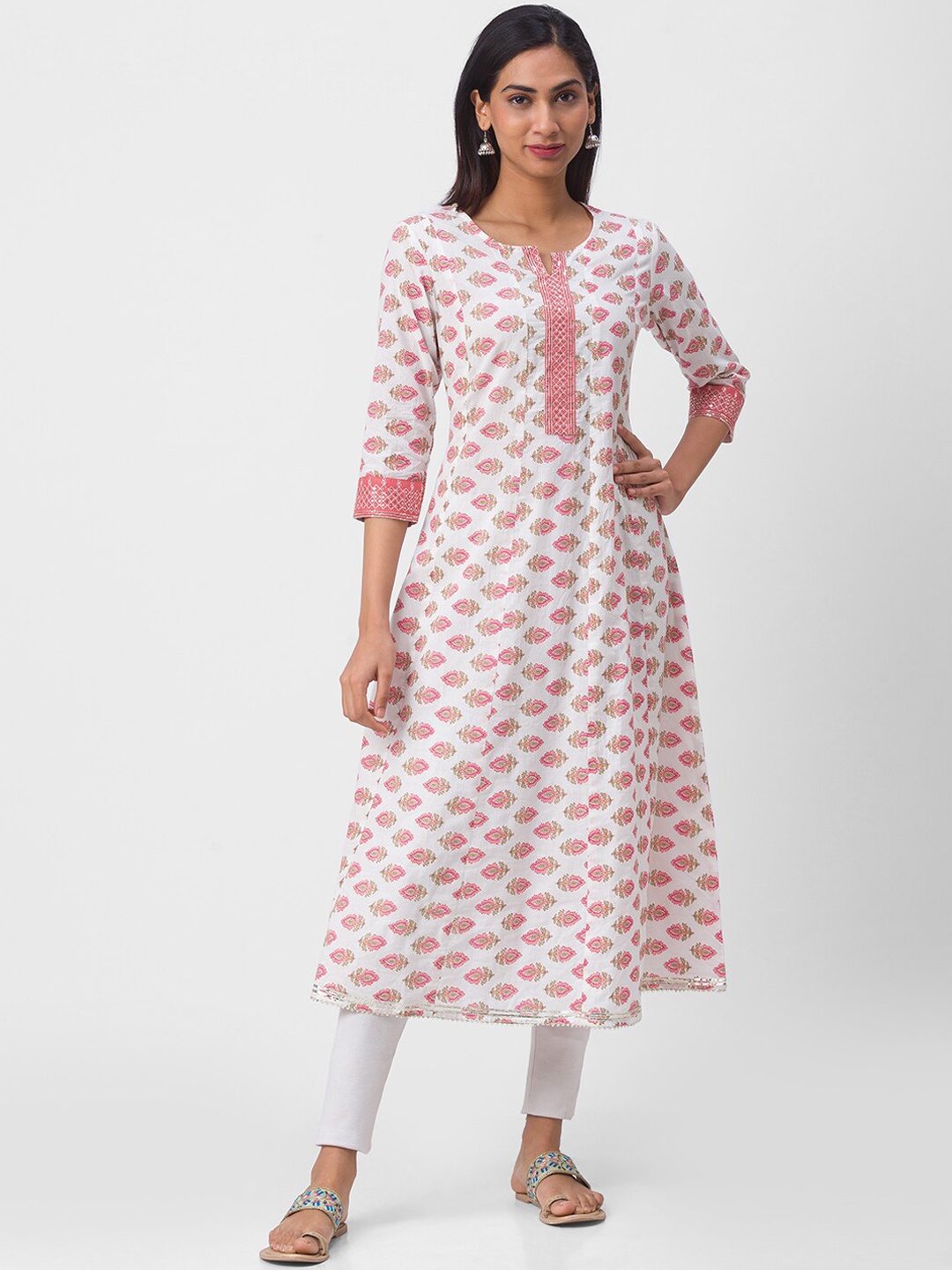 

Globus Women Off White & Pink Floral Printed Thread Work Floral Anarkali Kurta