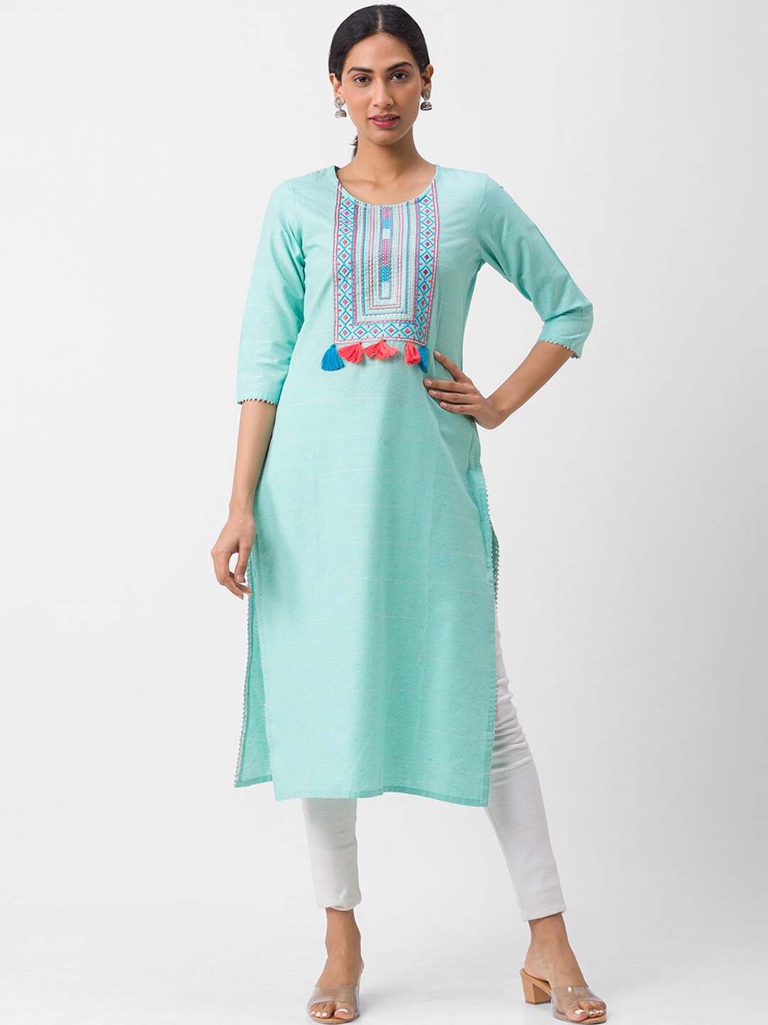 

Globus Women Turquoise Blue Yoke Design Thread Work Kurta