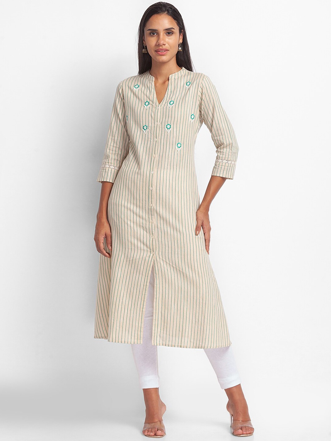 

Globus Women Yellow Striped Kurta