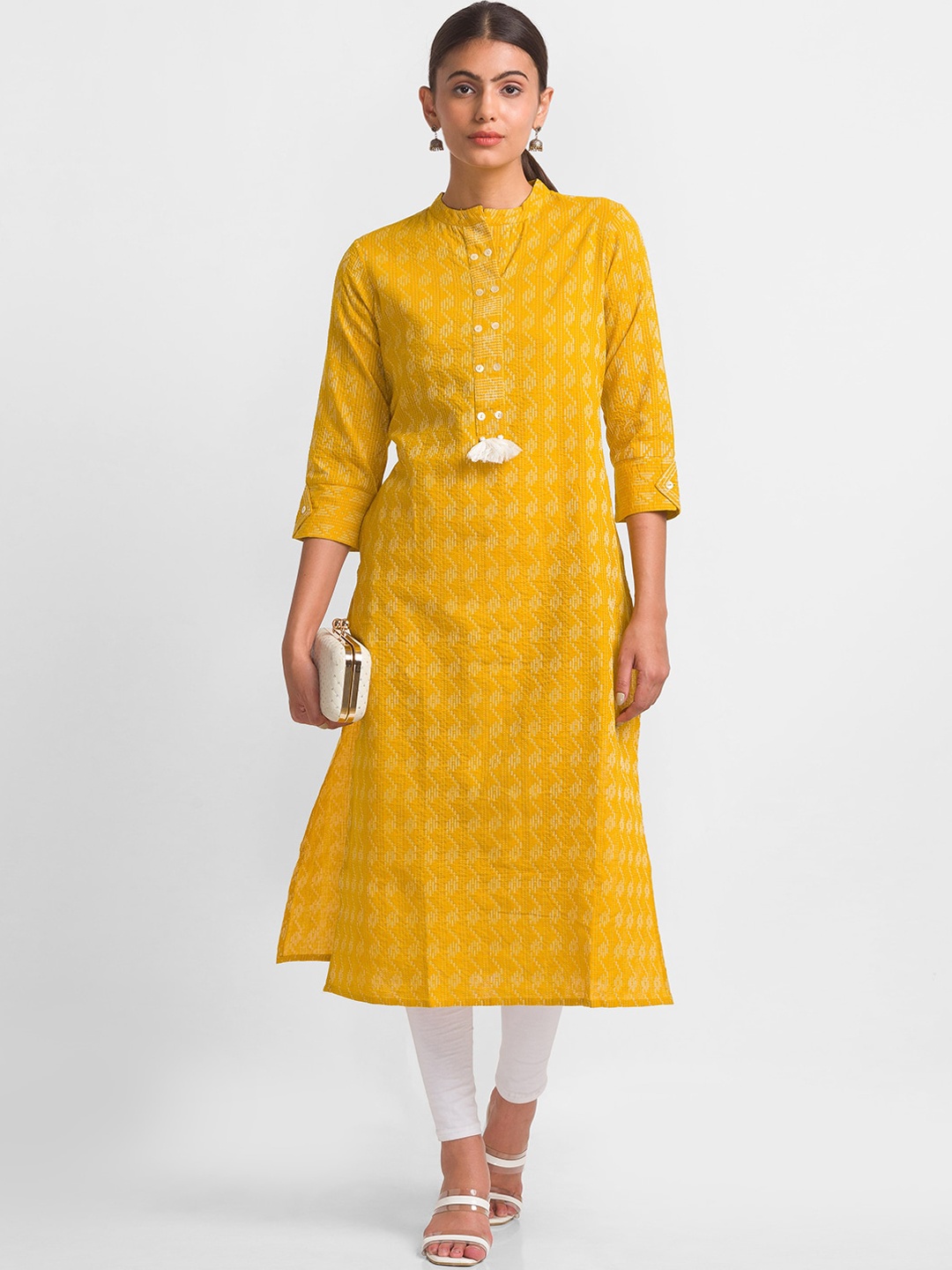 

Globus Geometric Thread Work Straight Calf Length Kurta, Yellow