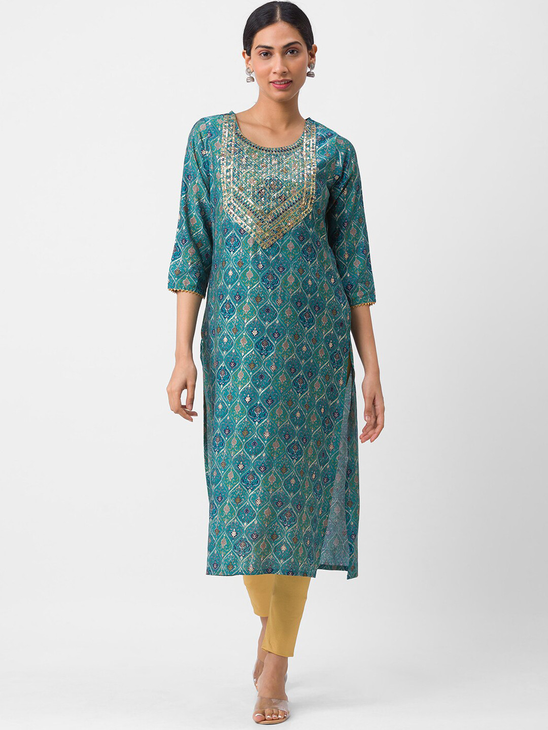 

Globus Women Blue & Gold-Toned Ethnic Motifs Yoke Design Kurta