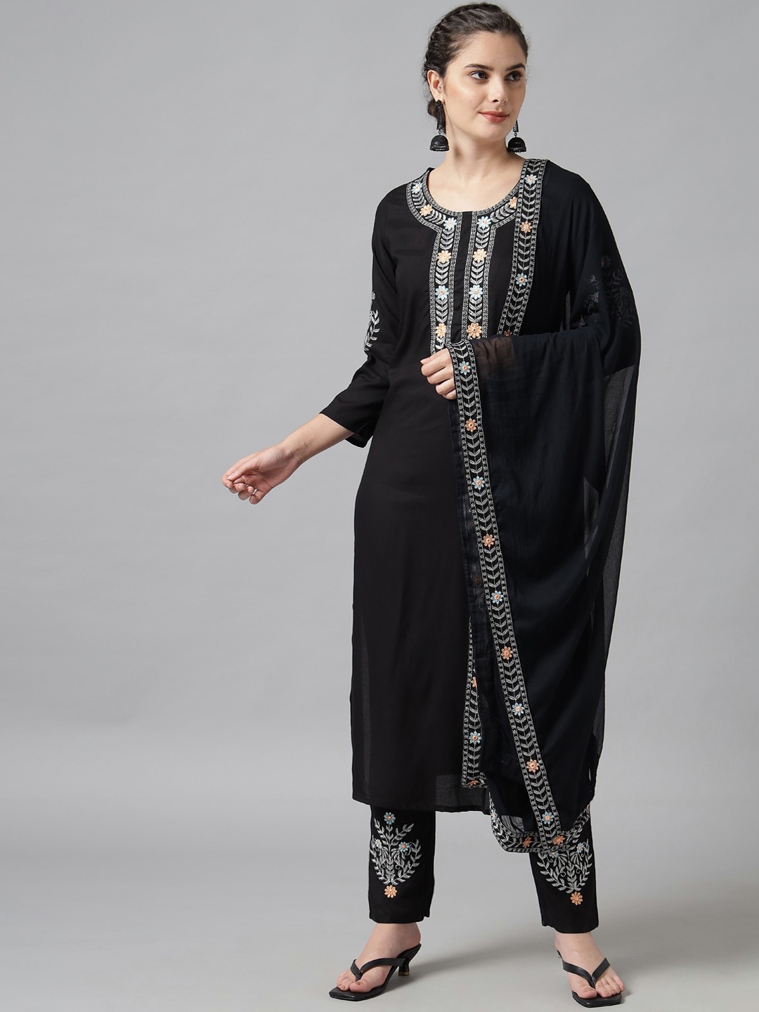 

Meeranshi Women Black Floral Embroidered Mukaish Pure Cotton Kurta with Trousers & With Dupatta