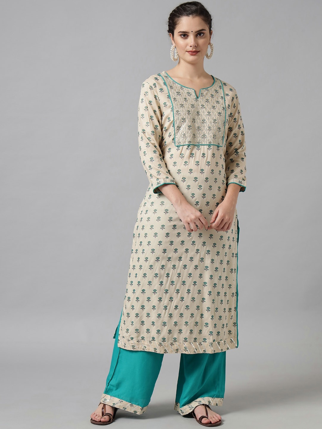 

Meeranshi Women Beige Ethnic Motifs Printed Pure Cotton Kurta with Palazzos