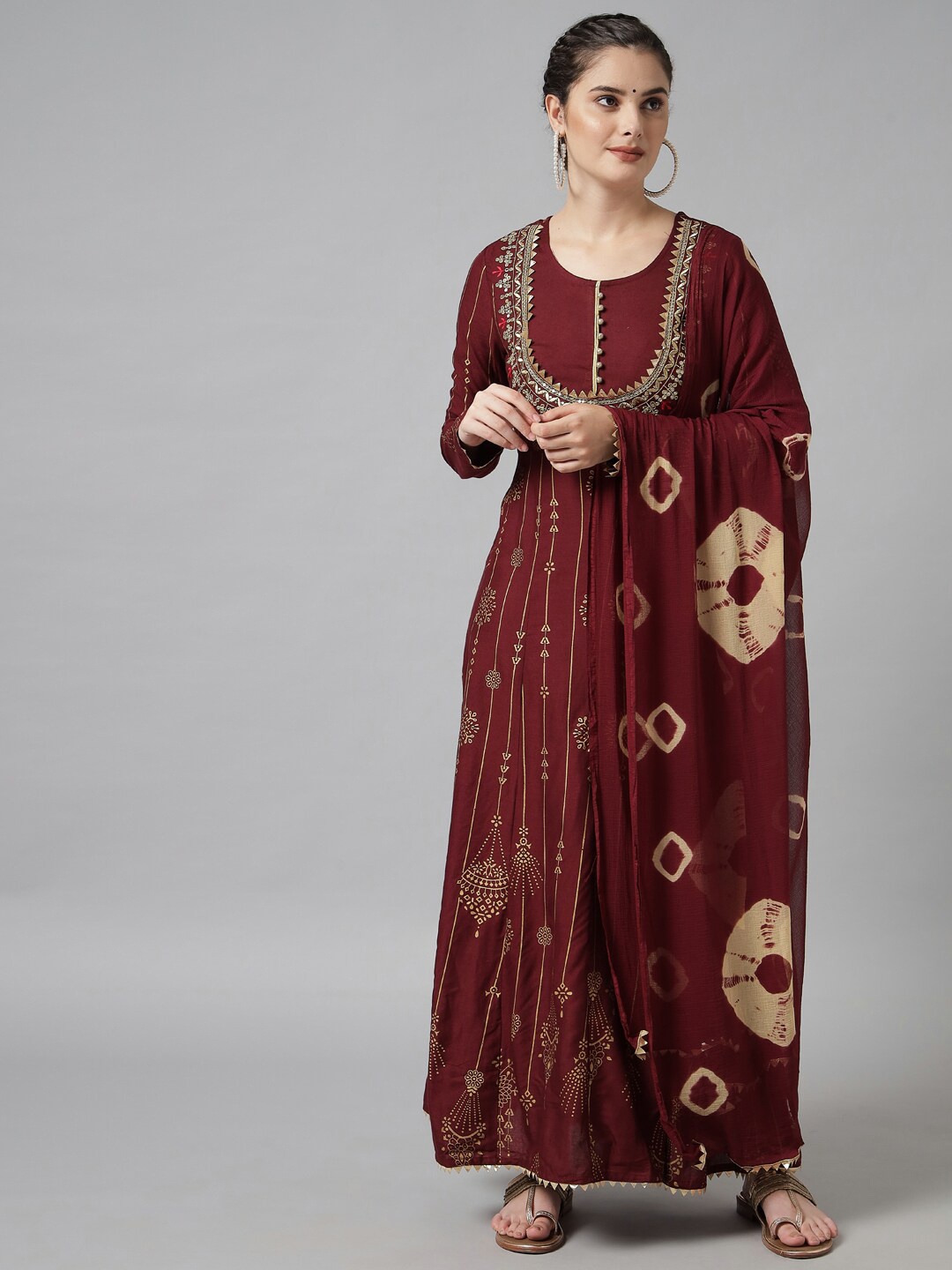 

Meeranshi Maroon Ethnic Motifs Ethnic Maxi Dress