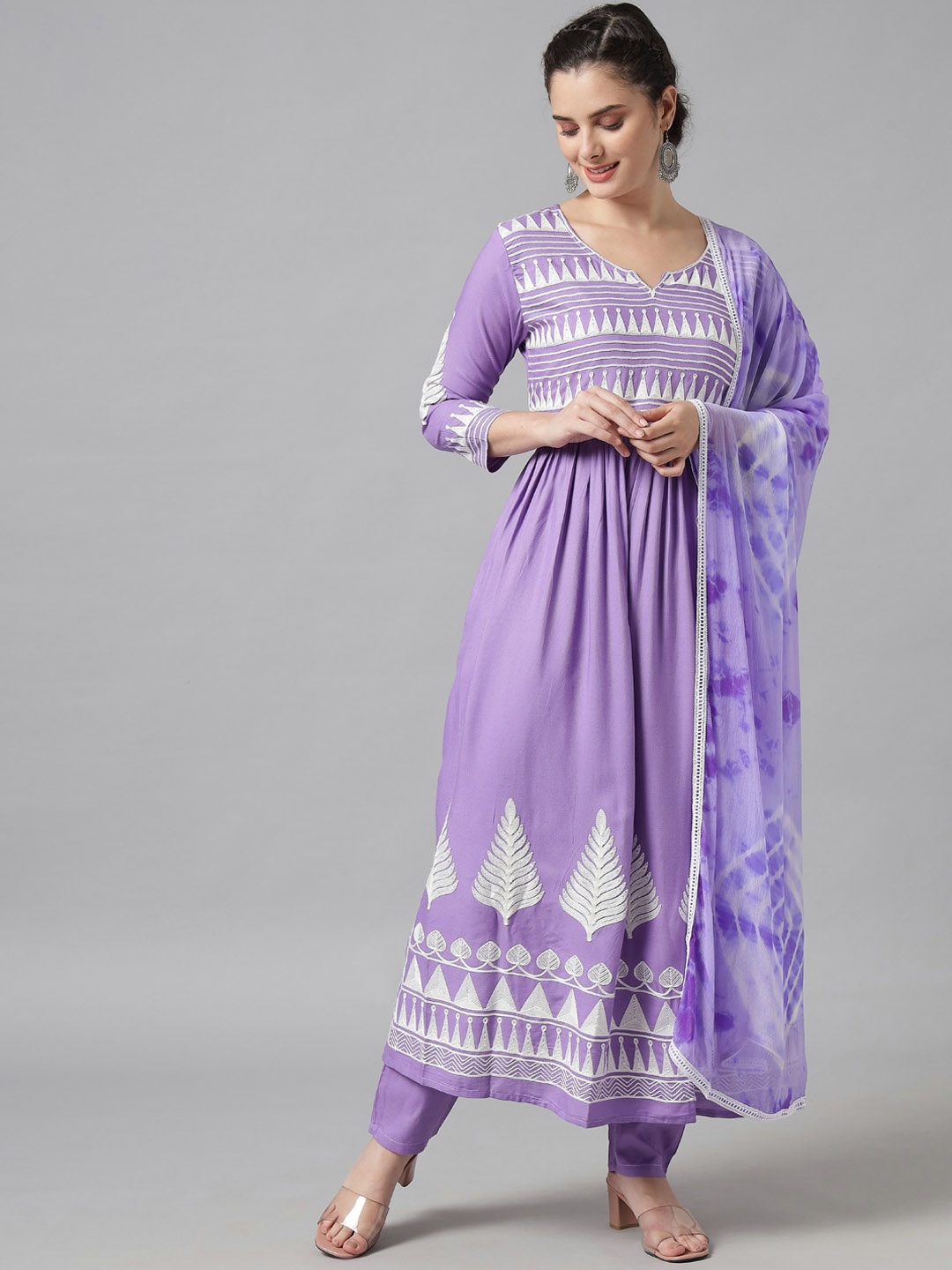 

Meeranshi Women Purple Embroidered Pure Cotton Kurta with Churidar & Dupatta