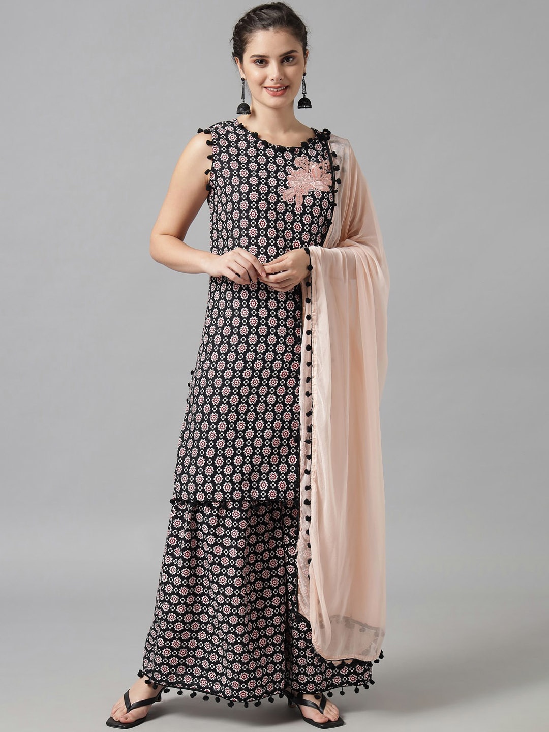 

Meeranshi Women Black Ethnic Motifs Printed Pure Cotton Kurta with Sharara & Dupatta
