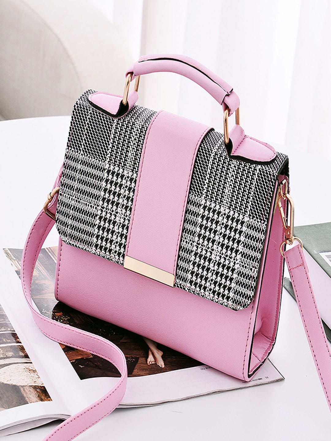 

LIKAA Pink Checked PU Bucket Satchel With Tasselled