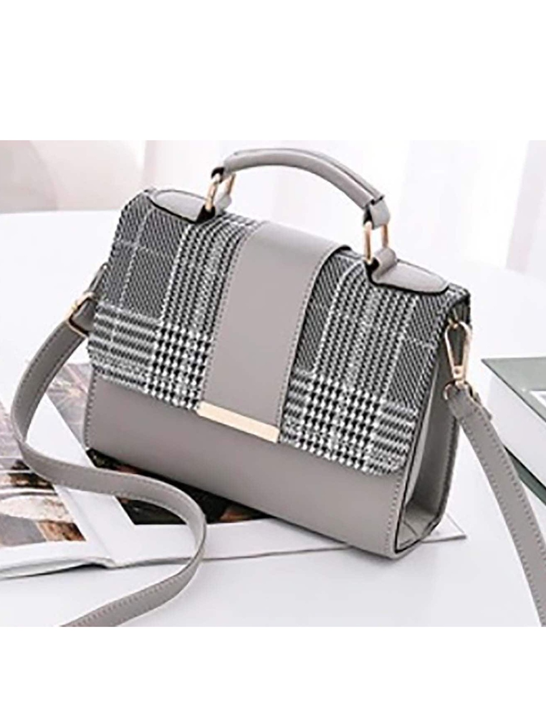 

LIKAA Grey Geometric Checked PU Bucket Satchel with Cut Work