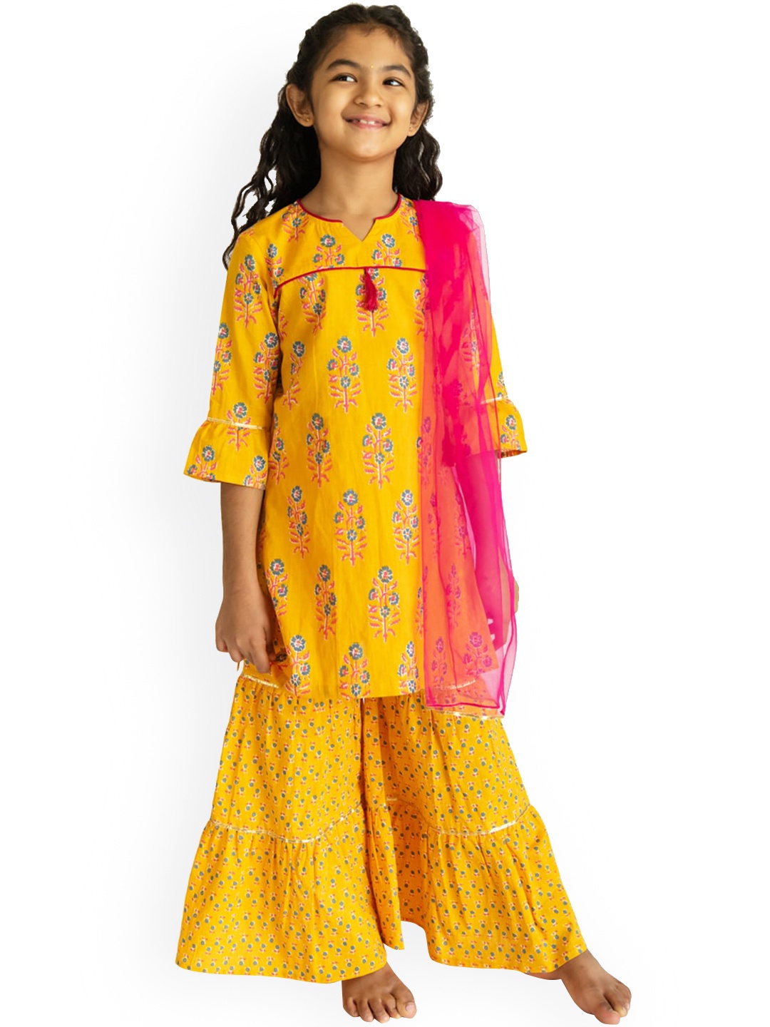 

Campana Girls Yellow Floral Printed Pure Cotton Kurta with Sharara & With Dupatta